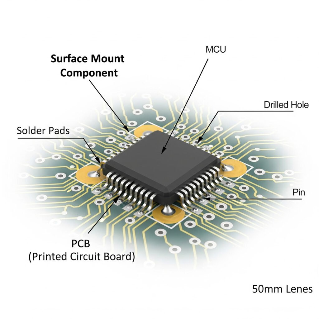 Comparison of Surface Mount and Through Hole Techniques 1 Diagram of a Surface Mount component on a Printed Circuit Board PCB showing labeled parts like MCU solder pads and pins