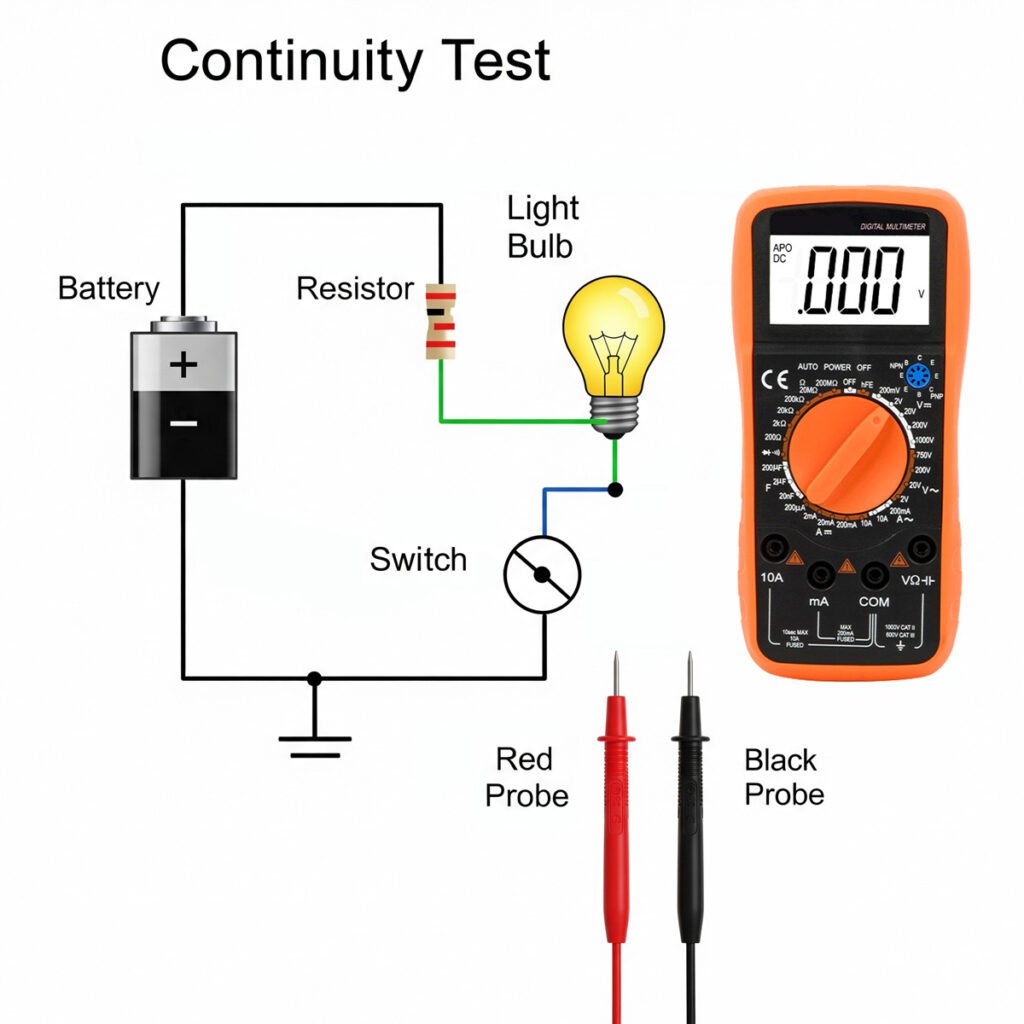 Diagram of a continuity test setup, including a battery, resistor, light bulb, switch, digital multimeter with red and black probes.