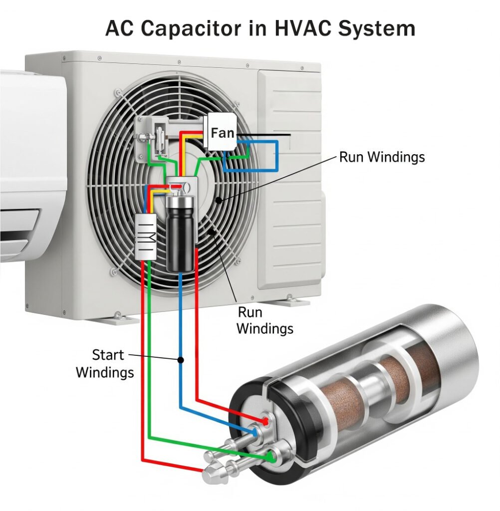 A visual diagram illustrating the placement and wiring of an AC capacitor in an HVAC system, showing connections to start and run windings.