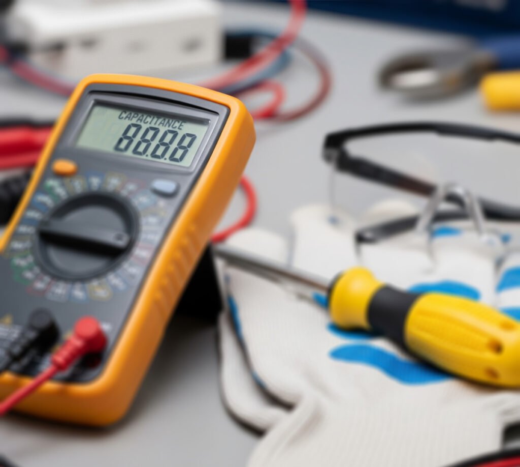 Essential tools for safely testing AC capacitors, including a multimeter, insulated screwdriver, and protective gear