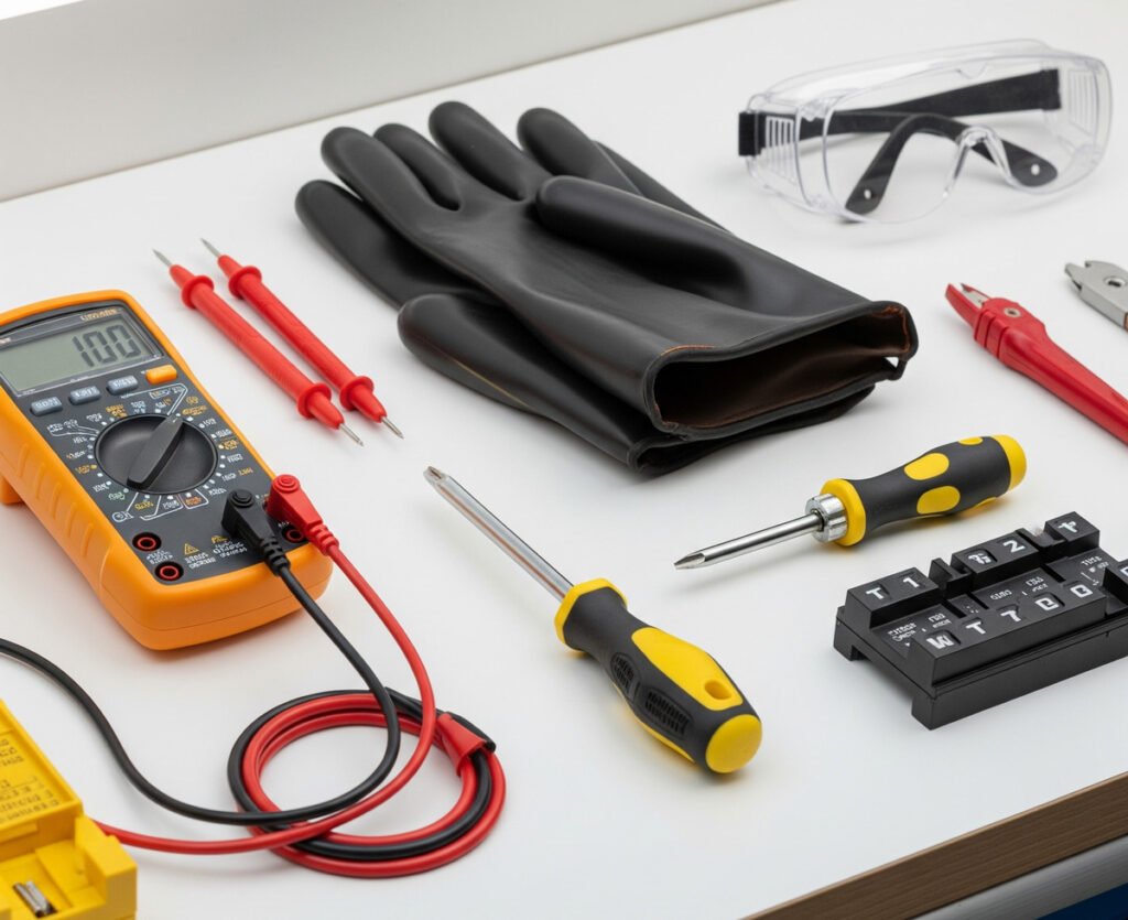 A set of electrical testing tools laid out on a white surface, including an orange digital multimeter with probes, black insulated gloves, a yellow and black insulated screwdriver, and clear safety goggles