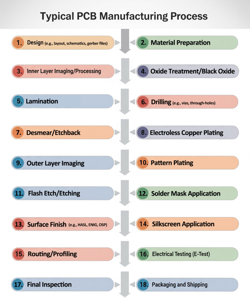 A flowchart titled "Typical PCB Manufacturing Process" showing 18 sequential steps in the printed circuit board manufacturing process
