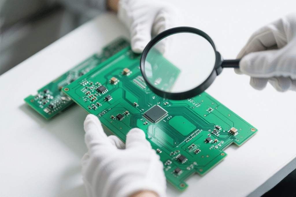 Effective Circuit Board Testing: Step-by-Step Guide 4 Gloved hands inspecting a green circuit board with a magnifying glass