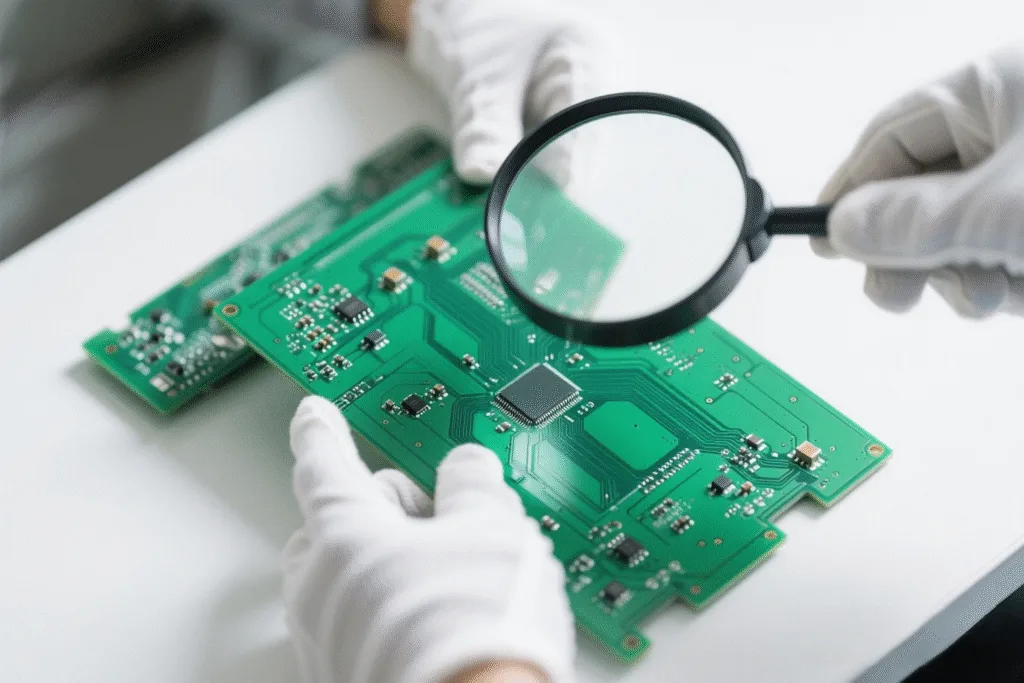 Effective Circuit Board Testing: Step-by-Step Guide 4 Gloved hands inspecting a green circuit board with a magnifying glass