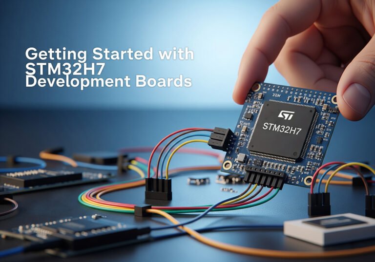 A hand carefully holds a small STM32H7 development board connected with colorful jumper wires, with other electronic components blurred in the background and the title "Getting Started with STM32H7 Development Boards" overlaid.