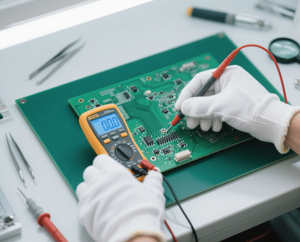 Effective Circuit Board Testing: Step-by-Step Guide 6 Hands wearing white gloves use a multimeter to test a green printed circuit board with various tools like tweezers and a magnifying glass around