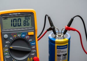 Multimeter connected to an AC capacitor, displaying a reading