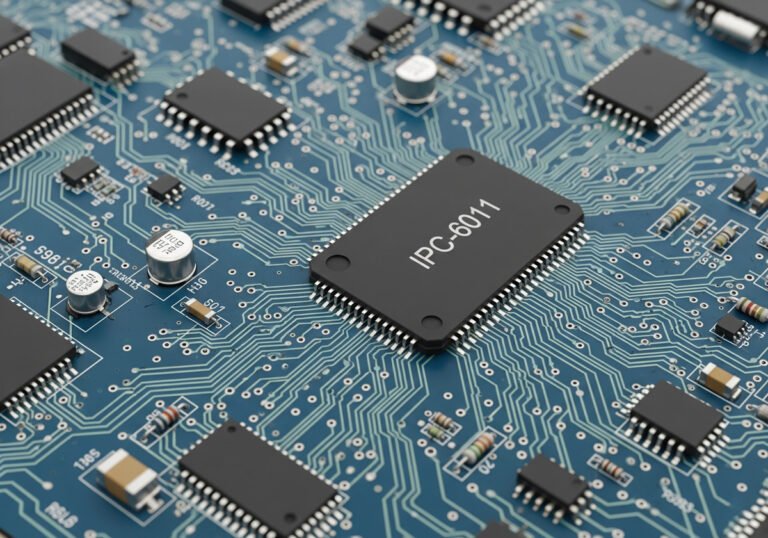 A detailed close-up of a blue printed circuit board (PCB) with a large central black chip labeled "IPC-6011," surrounded by fewer, more realistic components and a simpler, visible circuit layout.