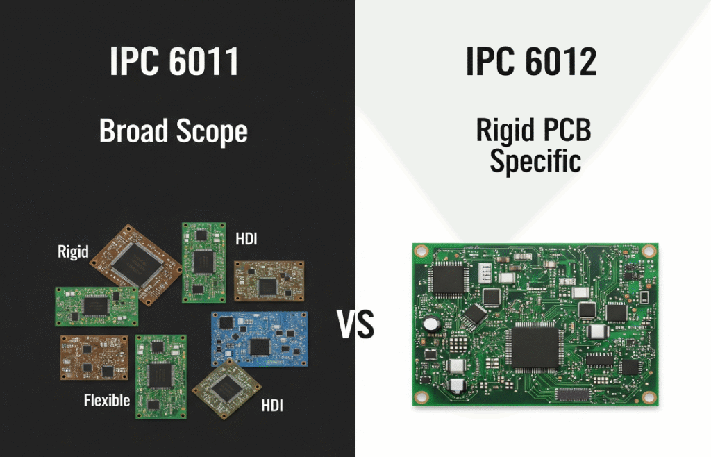 Understanding IPC 6011: Key Concepts Explained 4 A comparison chart showing IPC 6011 on the left with various PCB types (rigid, HDI, flexible) and labels "Broad Scope", contrasted with IPC 6012 on the right, featuring a detailed rigid PCB and labels "Rigid PCB Specific".
