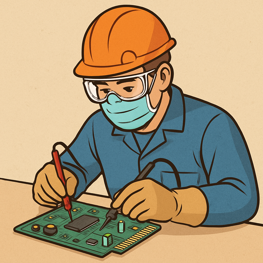 Effective Circuit Board Testing: Step-by-Step Guide 2 Illustration of a technician using safety gear while testing a circuit board