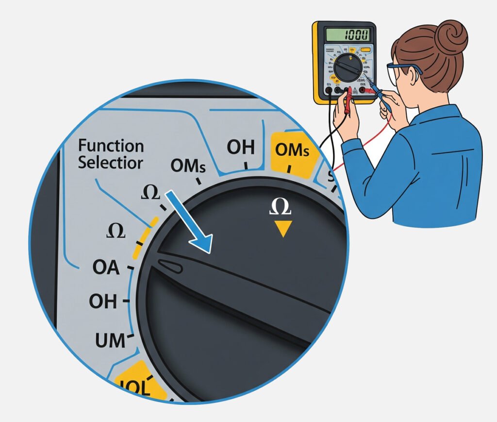 Illustration of setting up a multimeter by dial and connecting probes