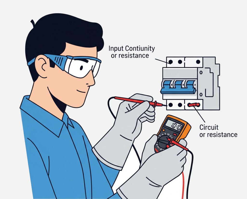 Illustration of testing a circuit breaker for continuity or resistance with a multimeter