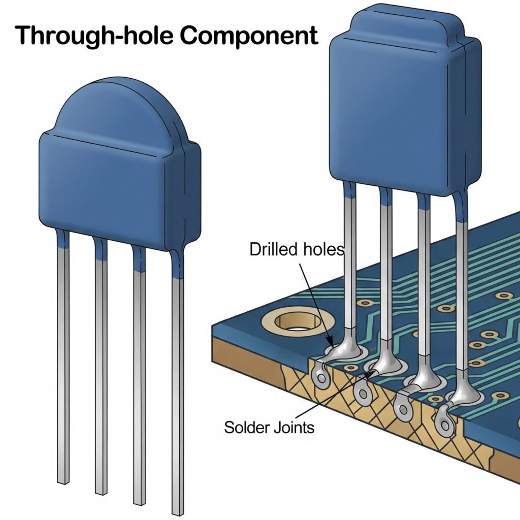 Comparison of Surface Mount and Through Hole Techniques 2 Illustration of through hole components on a printed circuit board PCB with labeled drilled holes and solder joints