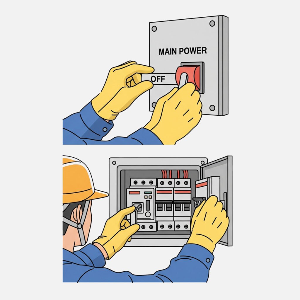Illustration of turning off the main power and opening an electrical breaker panel