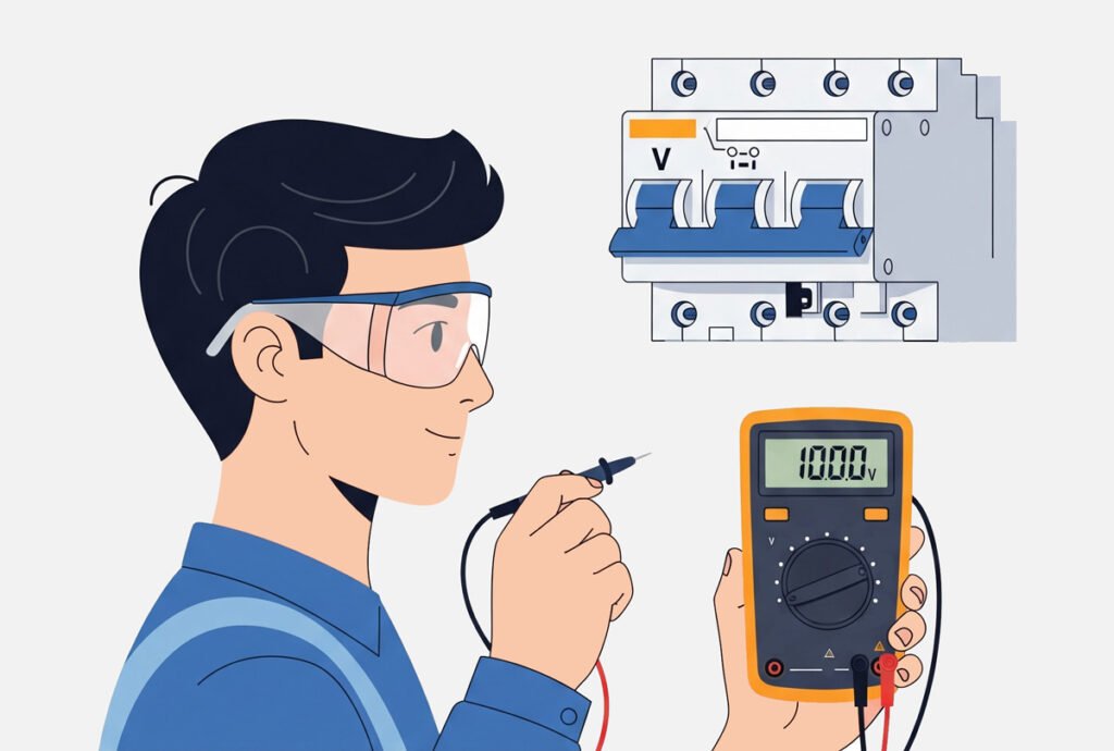 Illustration of using a multimeter to test voltage at a circuit breaker