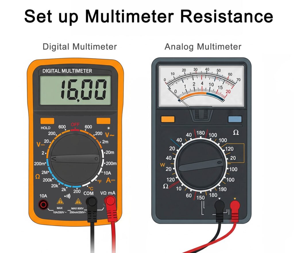 Setting up a multimeter for resistance measurement. On the left, a digital multimeter displays a resistance value. On the right, an analog multimeter shows the selection of the ohms (Ω) range and the probes connected to the COM and VΩ ports