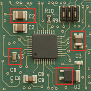 A close - up of a printed circuit board (PCB) with several electronic components, including resistors and capacitors, some of which are highlighted with red bounding boxes. Component markings like "R9", "R10", "C2", and "U3" are visible.