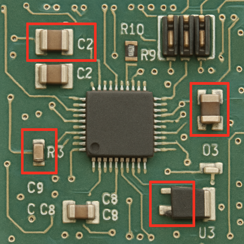 PCB Design 15 A close - up of a printed circuit board (PCB) with several electronic components, including resistors and capacitors, some of which are highlighted with red bounding boxes. Component markings like "R9", "R10", "C2", and "U3" are visible.