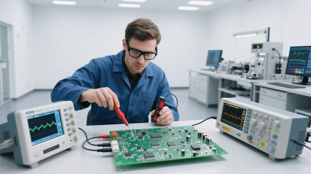 Effective Circuit Board Testing: Step-by-Step Guide 7 In a modern electronics laboratory an engineer uses an oscilloscope and a logic analyzer to test a green printed circuit board with an automated testing system running on the side