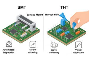 PCB Repair 25 Isometric illustration comparing Surface Mount Technology SMT and Through Hole Technology THT on PCBs