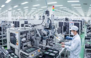 PCB Forward Engineering 14 An industrial setting with advanced manufacturing machinery, where a worker in a white uniform and protective gear is handling circuit boards.
