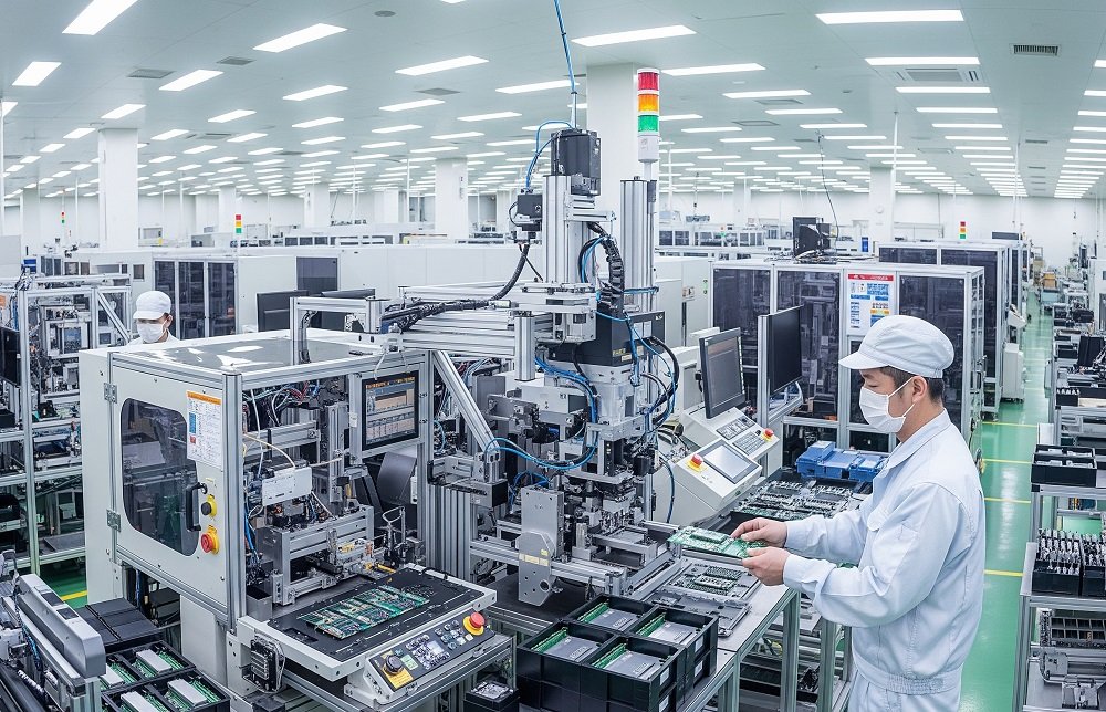PCB Design Case 53 An industrial setting with advanced manufacturing machinery, where a worker in a white uniform and protective gear is handling circuit boards.