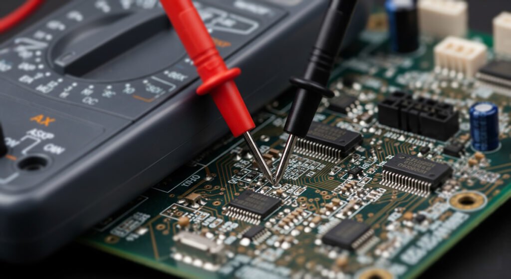Multimeter with red and black probes testing the continuity of a printed circuit board, showcasing electronic testing in action.
