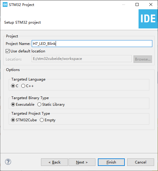 Getting Started with STM32H7 Development Boards 9 STM32CubeIDE "Setup STM32 project" window showing the Project Name "H7_LED_Blink".