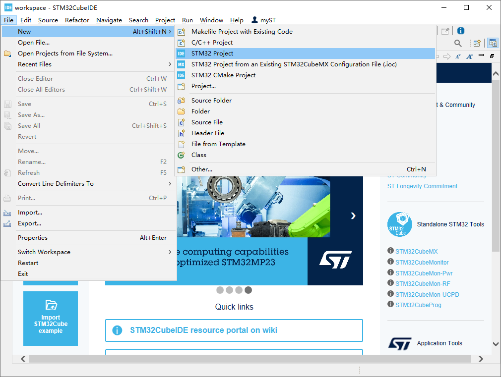Getting Started with STM32H7 Development Boards 6 STM32CubeIDE menu showing "File > New > STM32 Project" option selected.