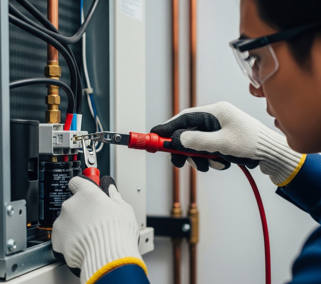 Person in safety gear discharging an AC capacitor