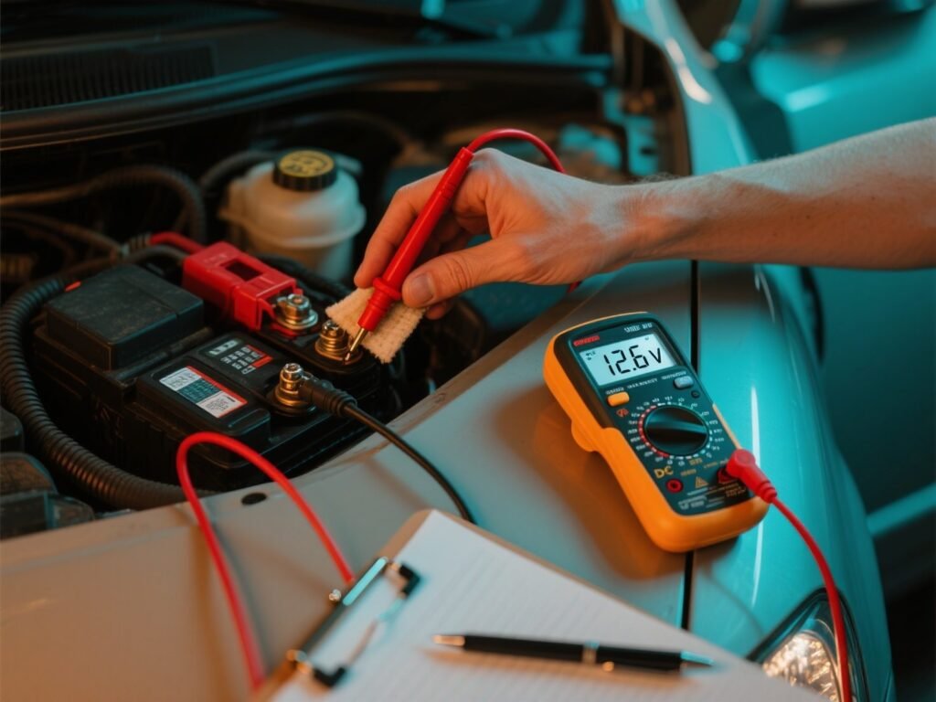 Person tests car battery voltage (12.6V) with a multimeter