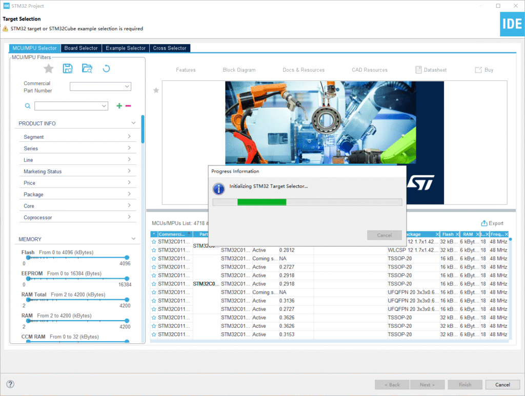 Getting Started with STM32H7 Development Boards 7 STM32CubeIDE initializing the target microcontroller selector
