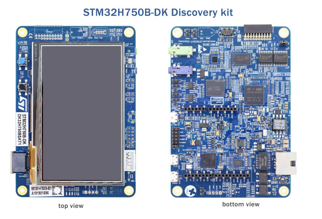 Getting Started with STM32H7 Development Boards 3 Top and bottom views of the STM32H750B-DK Discovery kit, showing the integrated display on the top view and the densely populated mainboard on the bottom view.