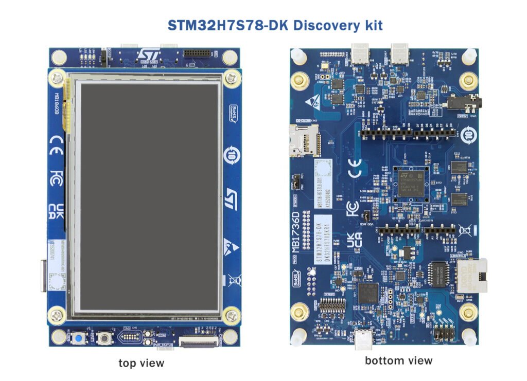Getting Started with STM32H7 Development Boards 4 Top and bottom views of the STM32H7S78-DK Discovery kit, featuring an integrated display on the top and complex circuitry on the bottom.