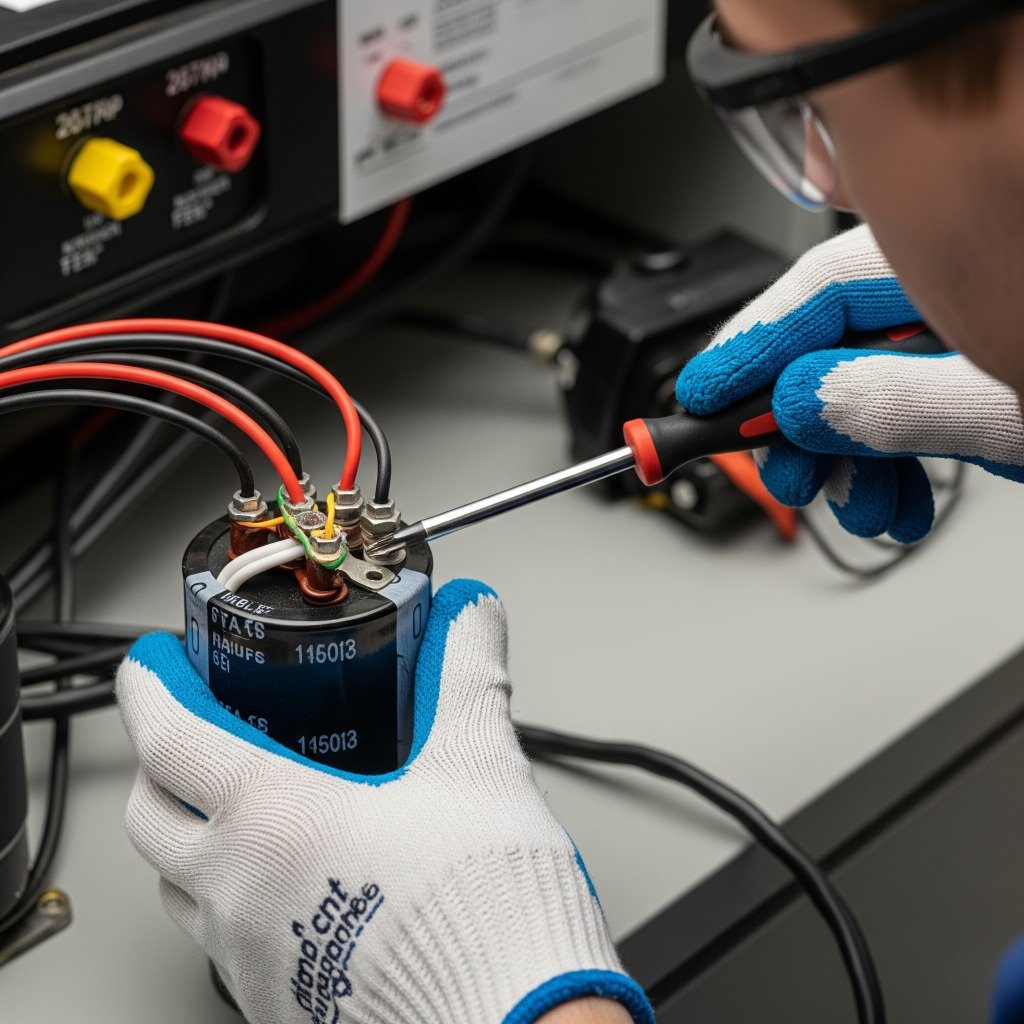 Person in safety gear discharging an AC capacitor with an insulated screwdriver.