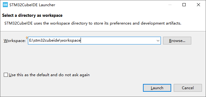 Getting Started with STM32H7 Development Boards 5 STM32CubeIDE Launcher window prompting the user to select a directory as workspace.