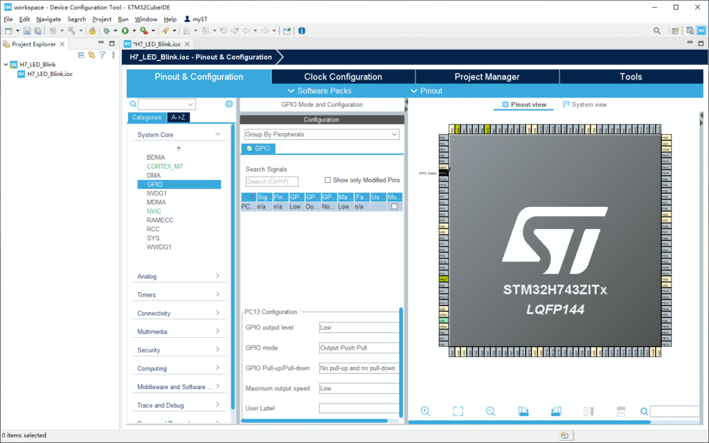 Getting Started with STM32H7 Development Boards 11 STM32CubeIDE Pinout & Configuration tab showing GPIO settings for PC13, including "GPIO output level" set to "Low"