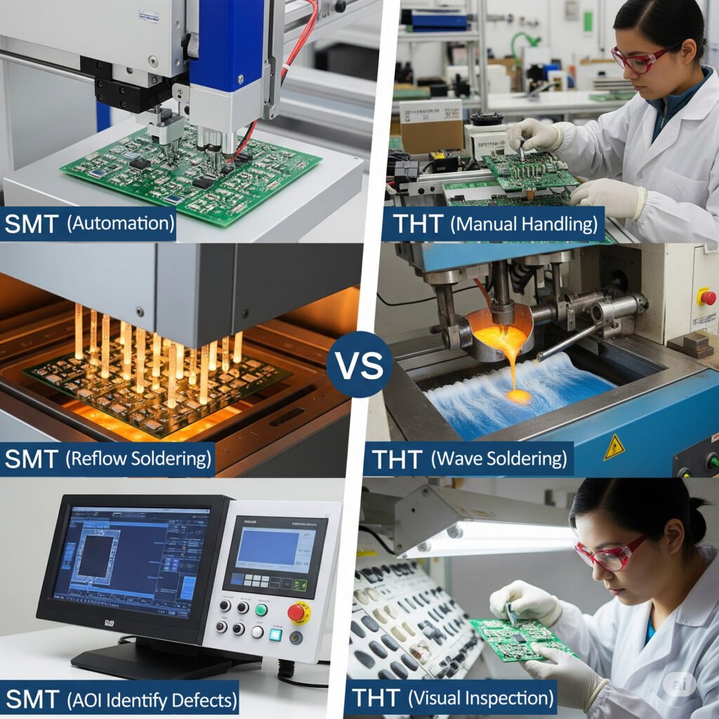 Comparison of Surface Mount and Through Hole Techniques 4 Side by side comparison of SMT automation reflow soldering AOI and THT manual handling wave soldering visual inspection