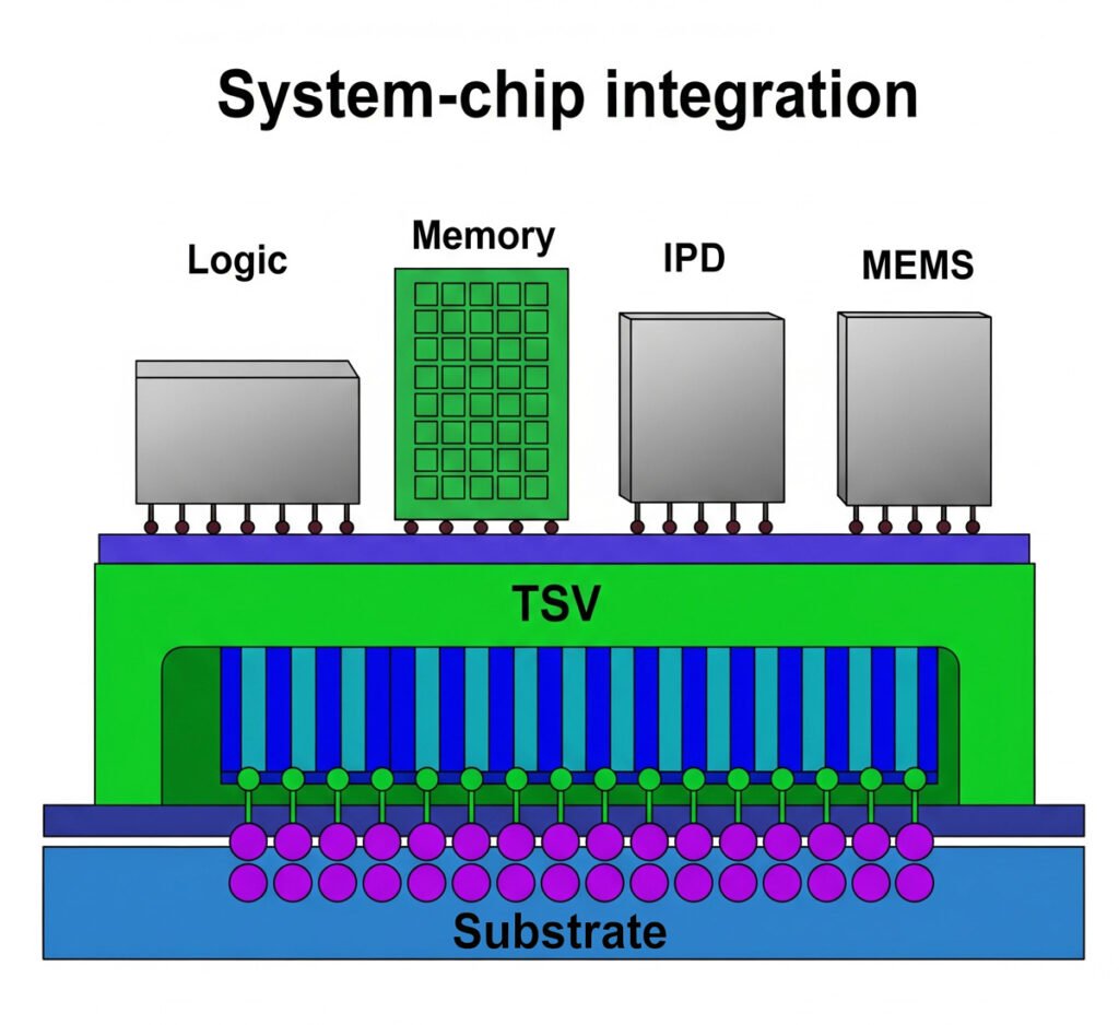 Single Inline Package Explained 2 A cross-sectional diagram showing a System-in-Package (SiP) with Logic, Memory, IPD, and MEMS chips stacked on a TSV layer, which is connected to a substrate with solder balls.