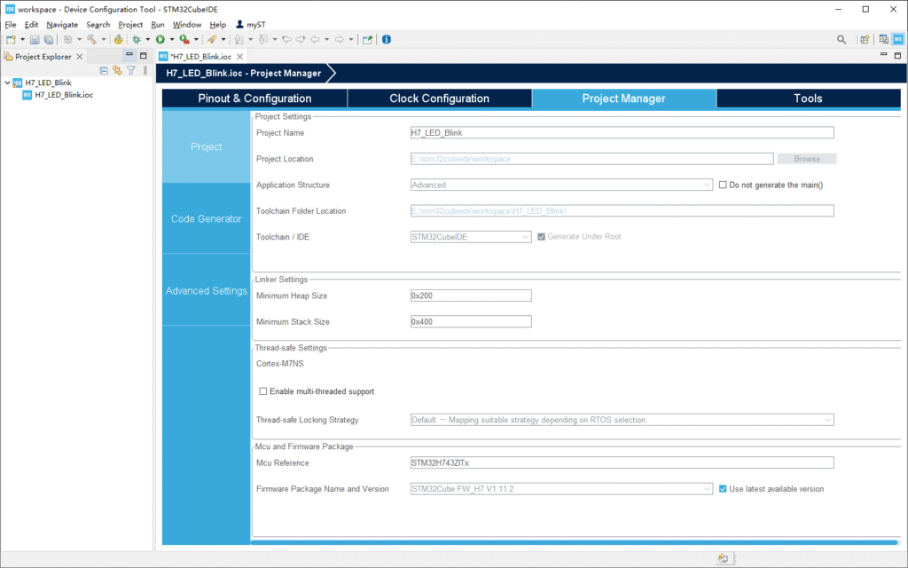 Getting Started with STM32H7 Development Boards 12 STM32CubeIDE project configuration window showing the "Project Manager" tab with project settings.