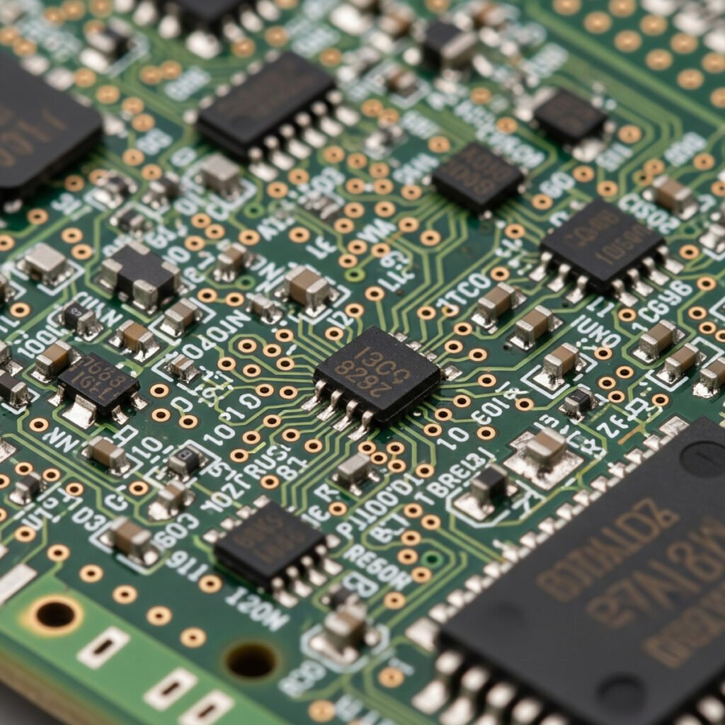 The Role of HDI Technology in Miniaturized IC Board Design 1 A close-up, detailed shot of a miniaturized HDI circuit board, showcasing densely packed components, fine copper lines, and tiny vias