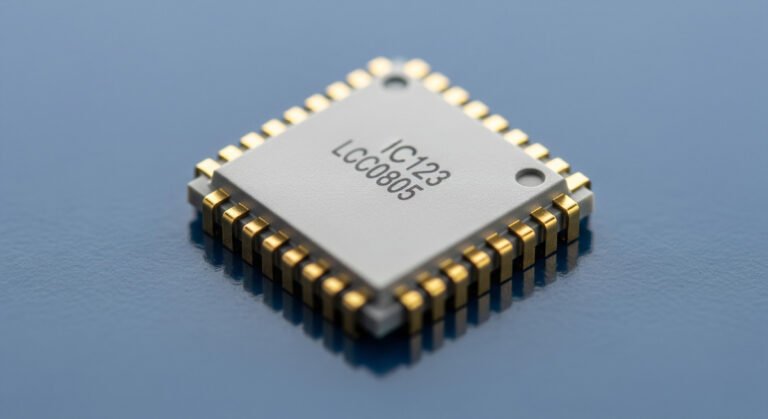 A close-up, high-angle shot of a gray square Leadless Chip Carrier (LCC) with gold contacts, reflecting on a blue surface