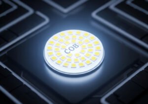 Surface-Mount Technology (SMT) 11 A close-up of a glowing circular COB LED chip with the letters COB on it, set against a dark, tech-inspired background with subtle circuit-like patterns.