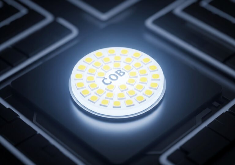 A close-up of a glowing circular COB LED chip with the letters COB on it, set against a dark, tech-inspired background with subtle circuit-like patterns.