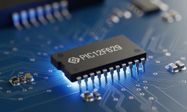 A close-up shot of a PIC12F629 microcontroller chip with pins visible, sitting on a glowing blue circuit board.