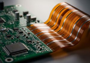 An artistic and high-quality photo of a Rigid-Flex PCB, showcasing the transition from the rigid green section to the gracefully curved, flexible orange section.