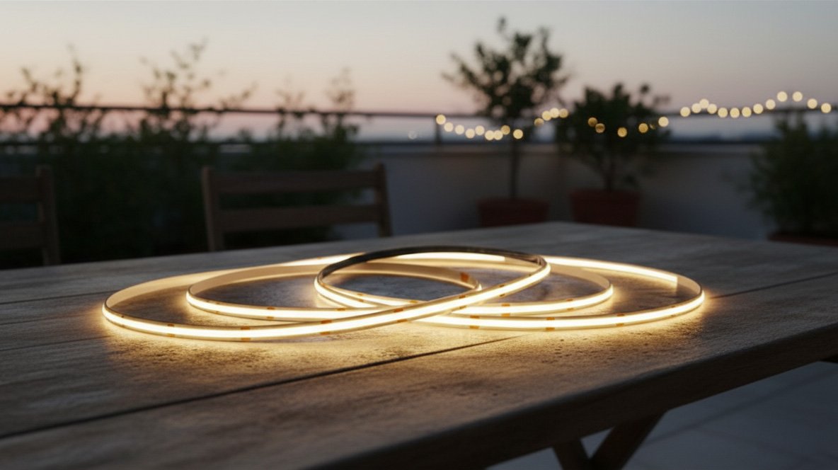 Why COB LED Strips are Changing Lighting? 1 A coiled COB LED strip light on an outdoor wooden table at night emitting a continuous seamless glow