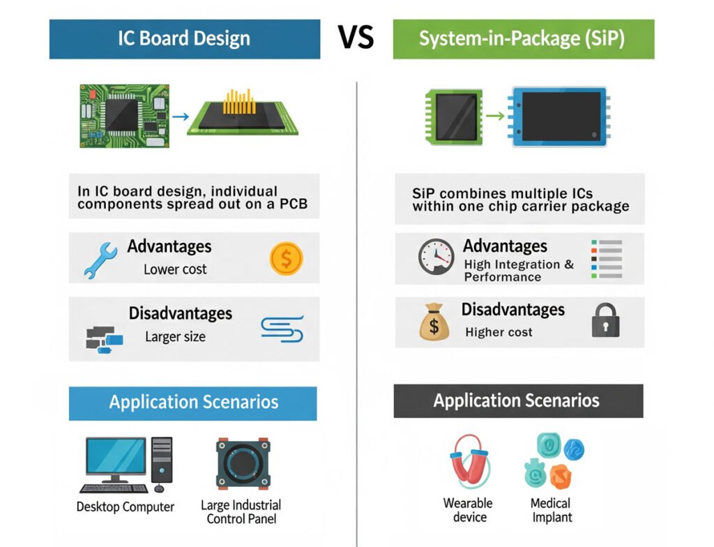 The Complete Guide to IC Board Design 2 An infographic comparing IC Board Design and System-in-Package (SiP), highlighting their definitions, advantages, disadvantages, and application scenarios.