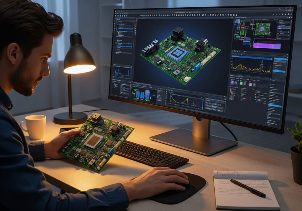A person working on an IC circuit board with EDA software displayed on a monitor.