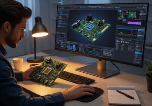 A person working on an IC circuit board with EDA software displayed on a monitor.